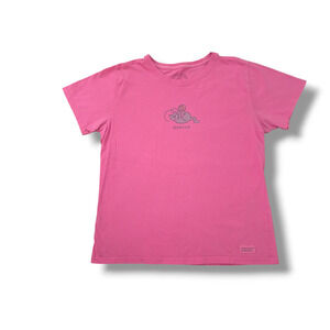 Life is Good Women’s Medium Pink T-Shirt “Unwind” Cat Graphic 100% Cotton